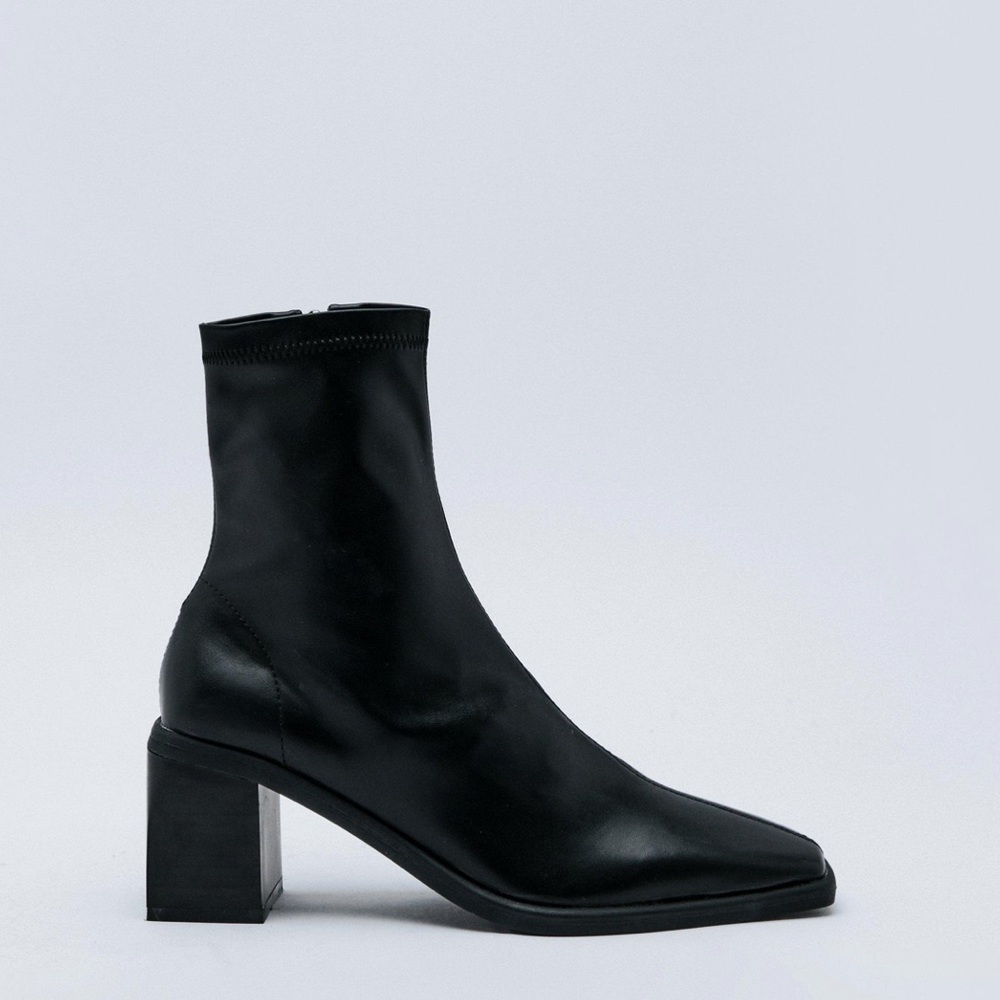 Faux Leather Square Toe Ankle Sock Boots